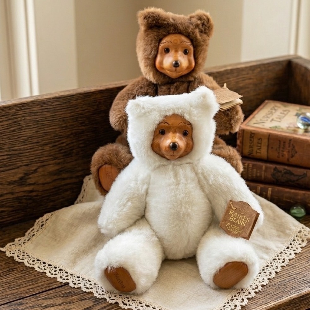 1988 Robert Raikes Wood Face Teddy Bear Set Brown and White Signed Vintage Plush